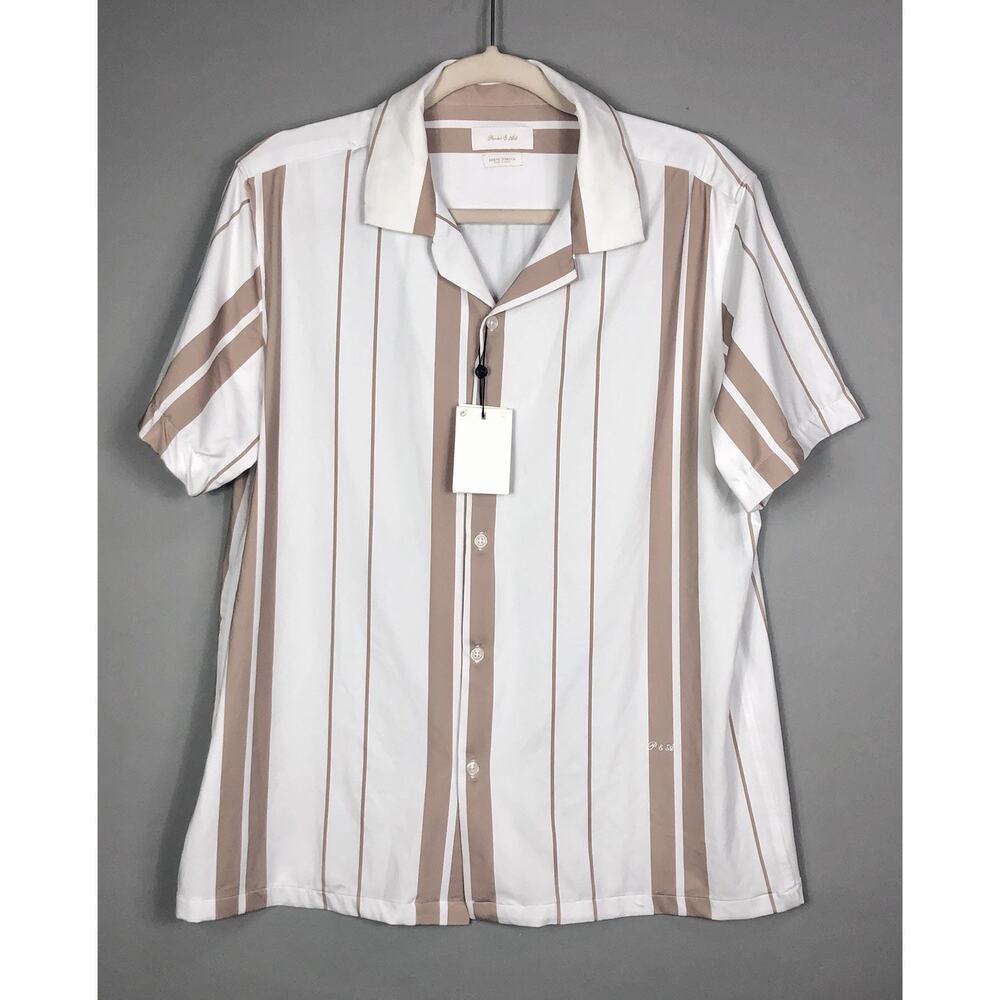 Porter & Ash Kinetic Stretch Short Sleeve Button Up Shirt L White Beige Striped